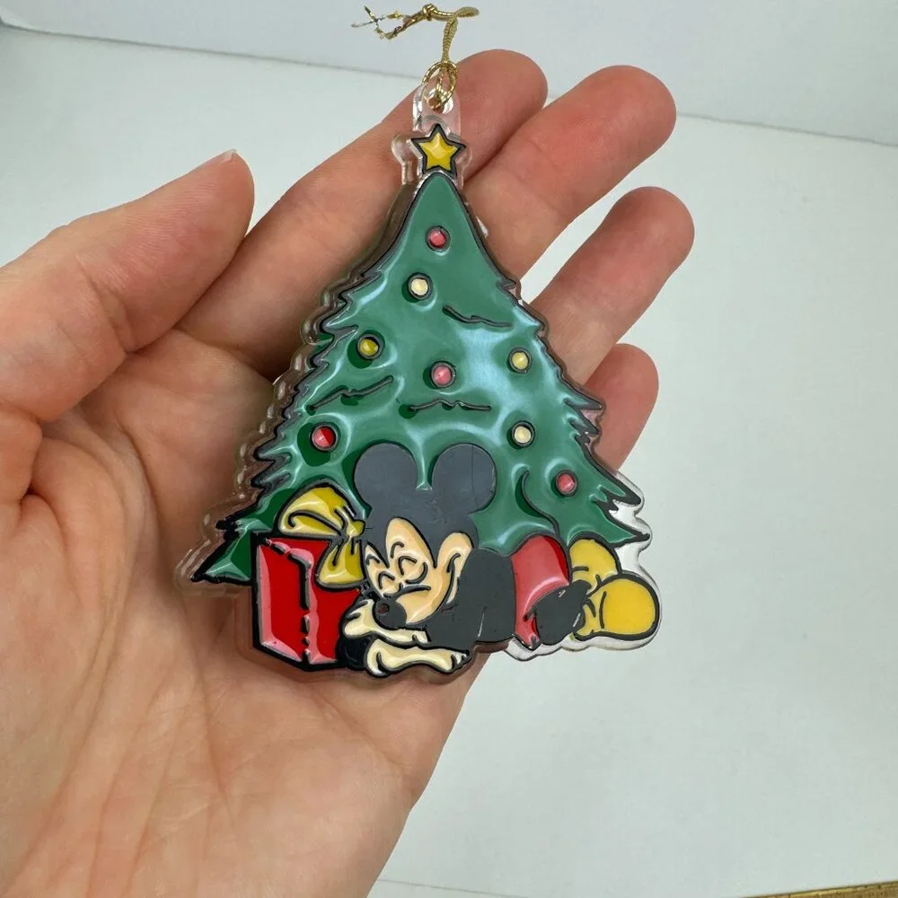 Vtg Mickey Mouse Sleeping Under Christmas Holiday Tree Ornament‎ Disney Plastic